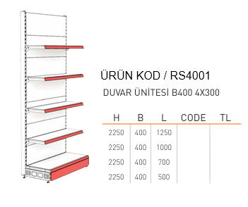 Market Duvar Raf Sistemi / RAFSTEEL  RS4011-2250B400-4x30 WALL UNIT Duvar Ünitesi