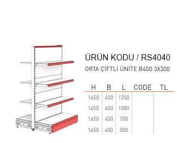 Market Orta Çiftli Raf Sistemi RAFSTEEL RS4161-1650B400 Gondola Unit