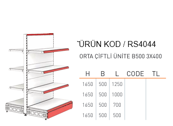 Market Orta Çiftli Raf Sistemi RAFSTEEL RS4162-1650B500 Gondola Unit