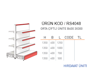 Market Orta Çiftli Ünite Raf Sistemi RAFSTEEL RS4171-1350B400 Gondola Unit