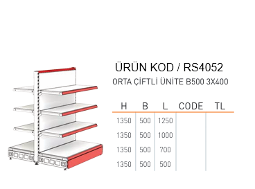 Market Orta Çiftli Ünite Raf Sistemi RAFSTEEL RS4172-1350B500 Gondola Unit
