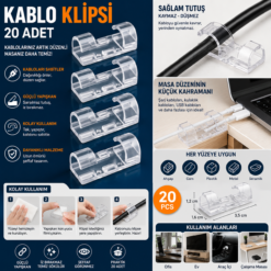 Masa Altı Ve Duvar İçin Kendinden Yapışkanlı Kablo Sabitleyici Klips (20'Adet) - Kablo Toplayıcı Aparat