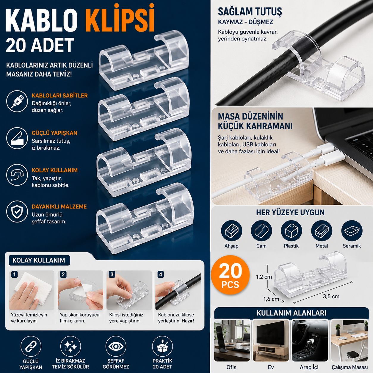 Masa Altı Ve Duvar İçin Kendinden Yapışkanlı Kablo Sabitleyici Klips (20'Adet) - Kablo Toplayıcı Aparat 1 Masa Altı Ve Duvar İçin Kendinden Yapışkanlı Kablo Sabitleyici Klips (20'Adet) - Kablo Toplayıcı Aparat