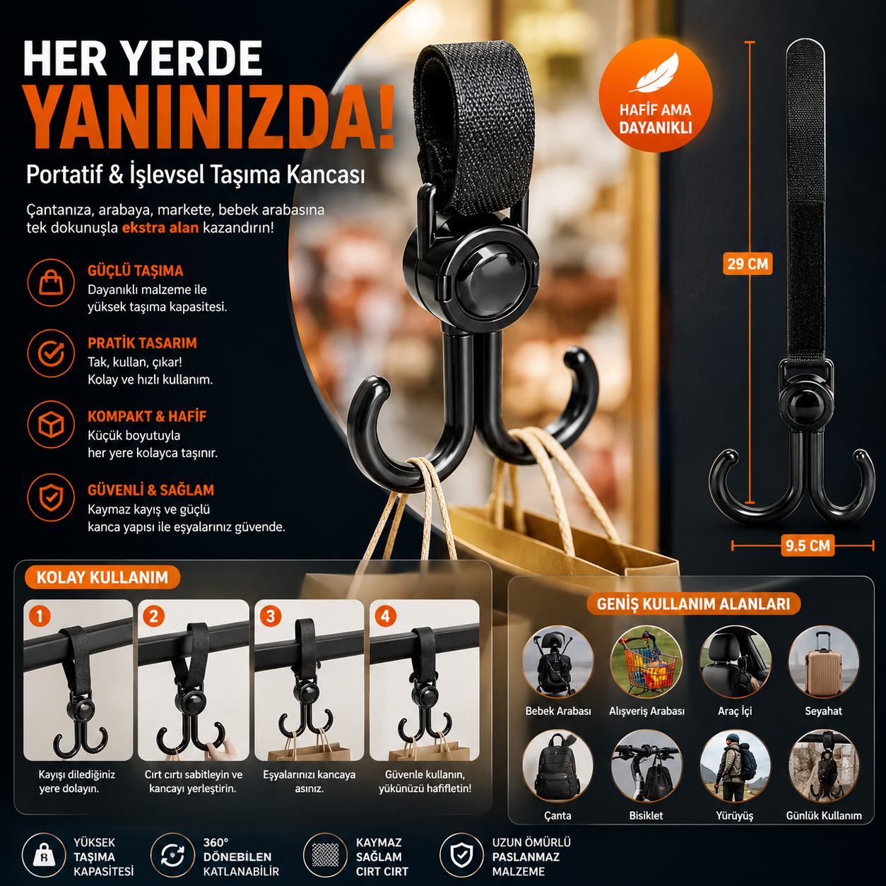 Akıllı Taşıma Kancası - Her Yere Asılabilen Portatif Çanta Ve Yük Askısı 1 Akıllı Taşıma Kancası - Her Yere Asılabilen Portatif Çanta Ve Yük Askısı