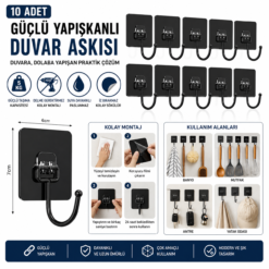 10’lu Güçlü Yapışkanlı Duvar Askısı - Pratik Duvar ve Dolap Askılığı
