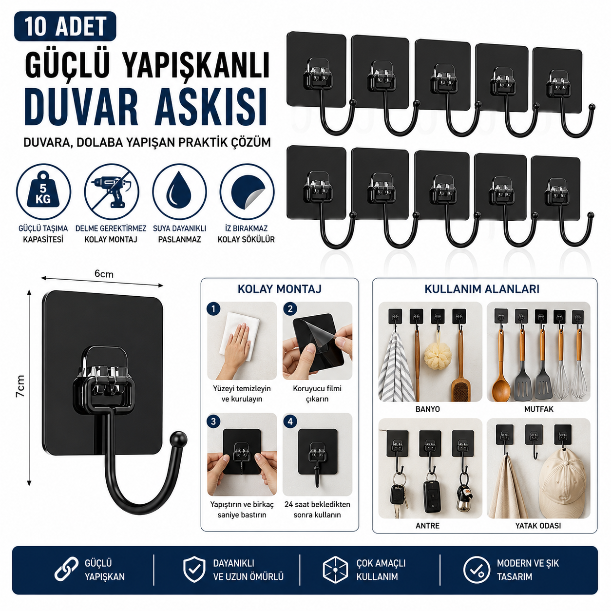 10’lu Güçlü Yapışkanlı Duvar Askısı - Pratik Duvar ve Dolap Askılığı 1 10’lu Güçlü Yapışkanlı Duvar Askısı - Pratik Duvar ve Dolap Askılığı
